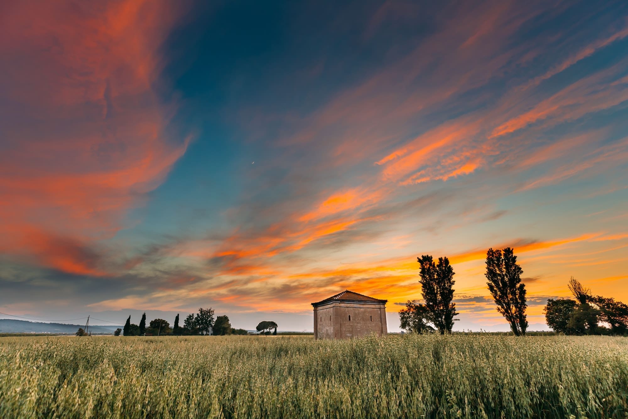 Catalonia, Spain. Spring Sunset Sky Above Spanish Countryside Ru